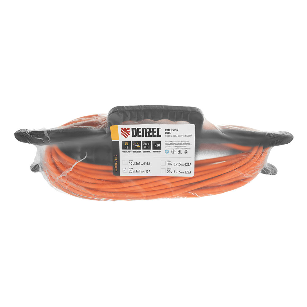 Удлинитель-шнур силовой Garden Series, ПВС, 20м, 1 розетка 3 x 1 мм, Denzel (37406)