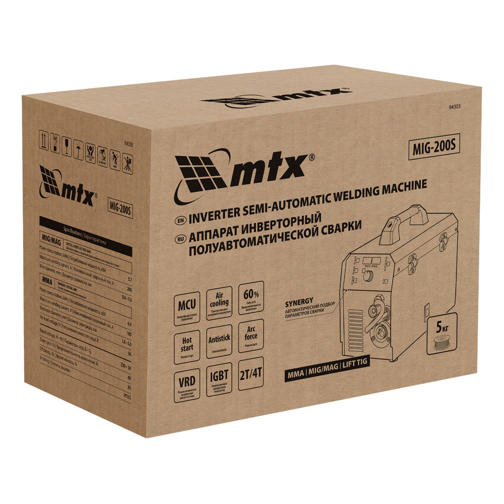 Аппарат инвертор. полуавтомат. cварки MIG-200S, 200A, ПВ 60%, катушка 5 кг MTX (94303)