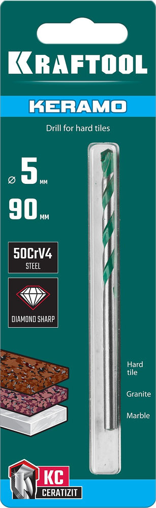 Сверло по керамограниту Keramo, 5 х 90 мм, тв.сплав КС KRAFTOOL 29175-090-5