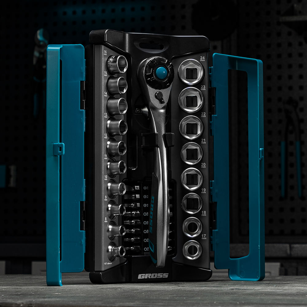 Набор торцевых головок, трещотка 120 зубьев, 1/2, CrV, 36 предметов Gross