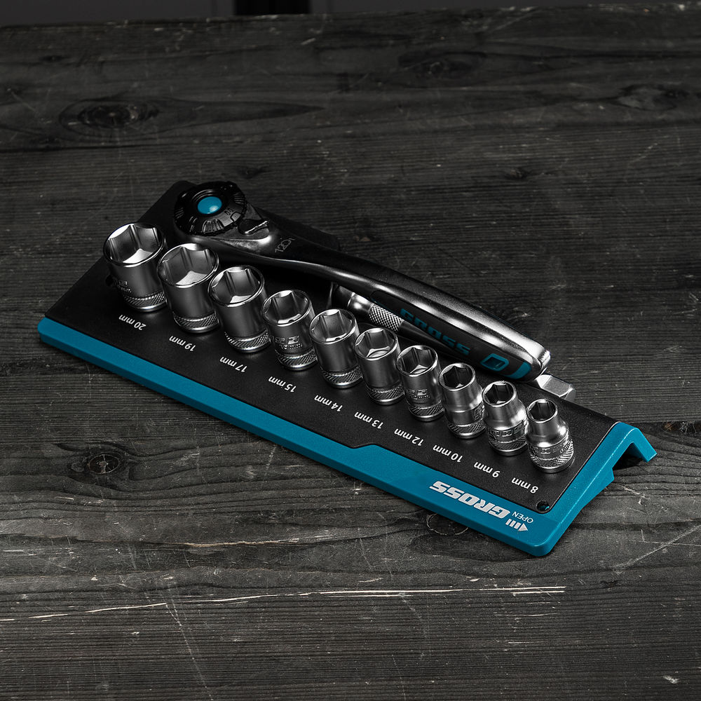 Набор торцевых головок, трещотка 120 зубьев, 3/8, CrV, 12 предметов Gross