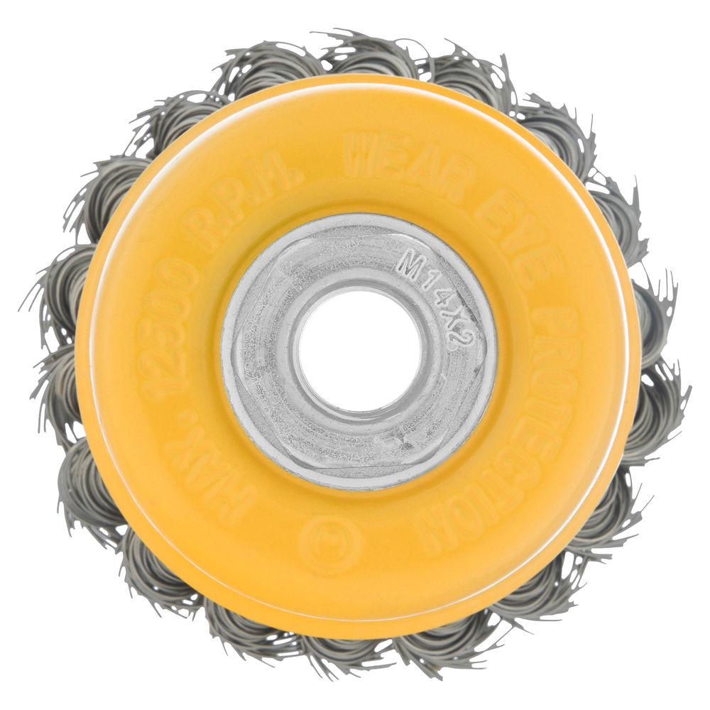 Щетка для УШМ, 75 мм, Чашка, крученая нержавеющая проволока 0.5 мм, М14 Denzel (746243)