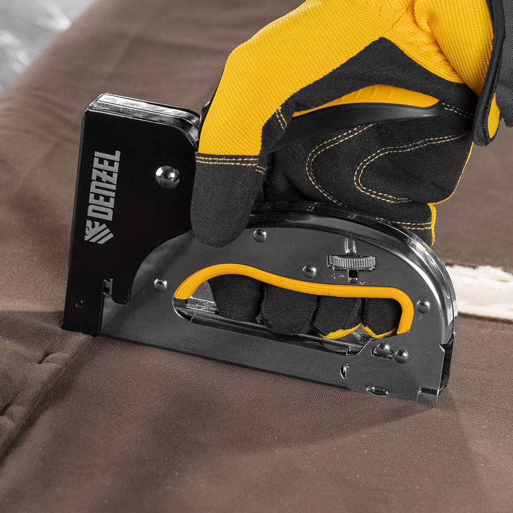 Степлер металл., скобы в комплекте, плавная регулировка удара, 2К рукоятка, тип 53, 4-14 мм Denzel (40223)