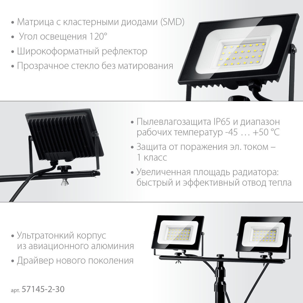 Прожекторы светодиодные на штативе 2 х 30 Вт, 6500 К, IP65, 1.6 м ЗУБР ПСК 30х2 Профессионал 57145-2-30