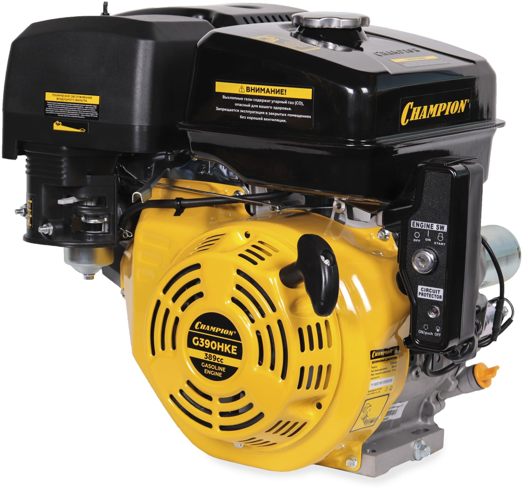Двигатель 13лс/9,6кВт 389см? 25,4мм шпонка 33.2кг эл.стартер панель запуска выход12В/10Вт CHAMPION G390HKE