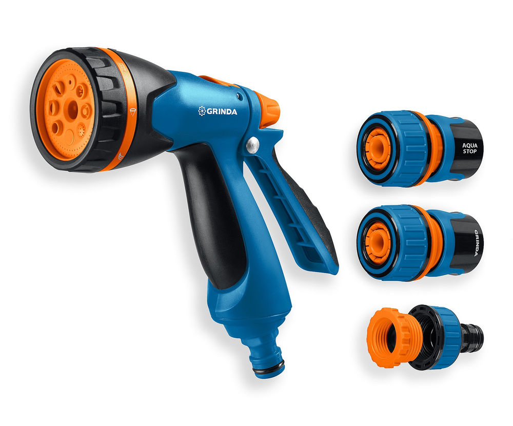 Набор поливочный B-834, пистолет поливочный B-8, коннектор 3/4, конектор 3/4 с автостопом, адаптер с внутр. резьбой 1/2х3/4, PROLine GRINDA 429113