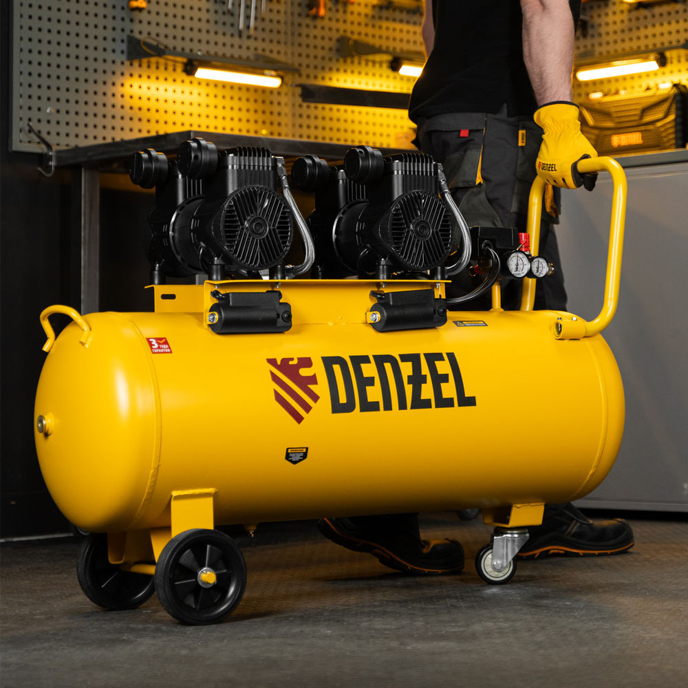 Компрессор безмасл. малошумный DLP-3000/100, 3 кВт, 2х1,5 кВт,100 л, 2850 об/мин,500 л/мин Denzel (58145)