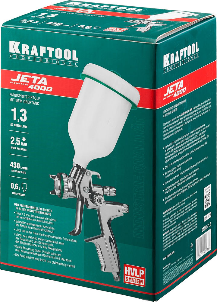 Пневматический краскопульт JETA 4000, HVLP, 1.3 мм, с верхним бачком KRAFTOOL 06555-1.3
