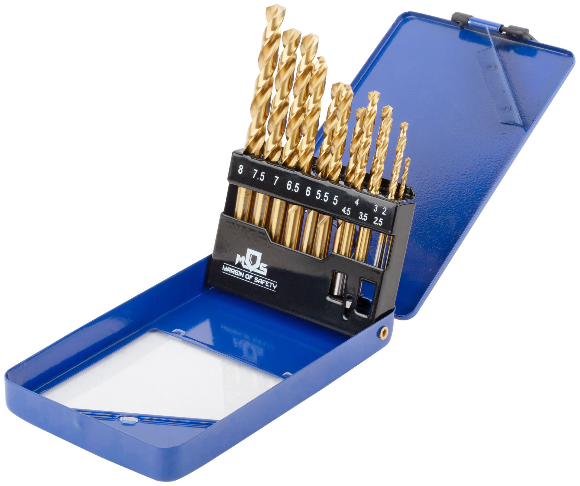 Набор сверл по металлу HSS шлифованные, титановое покрытие, угол заточки 135°, мет.бокс, 13 шт. (2-2,5-3-3,5-4-4,5-5-5,5-6-6,5-7-7,5-8 мм) (35743М)