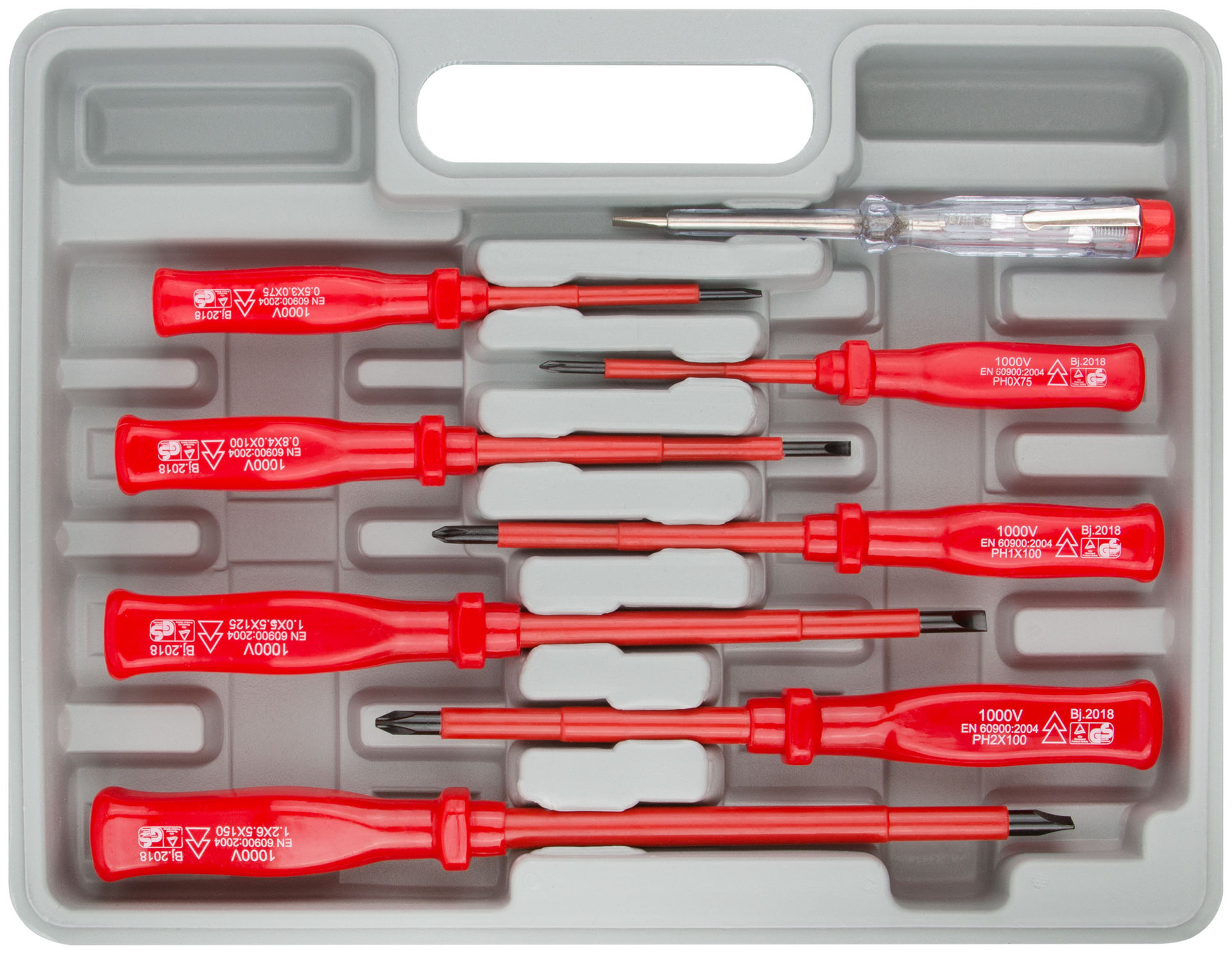 Отвертки изолированные 1000 В, CrV сталь, пластик. ручки, пластиковый кейс, набор 8 шт.+ 1 индикаторная (56127)