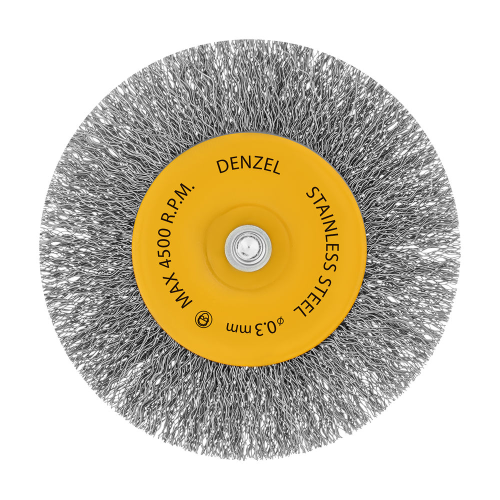 Щетка для дрели 100 мм, Плоская, со шпилькой, нержавеющая витая проволока Denzel (744793)