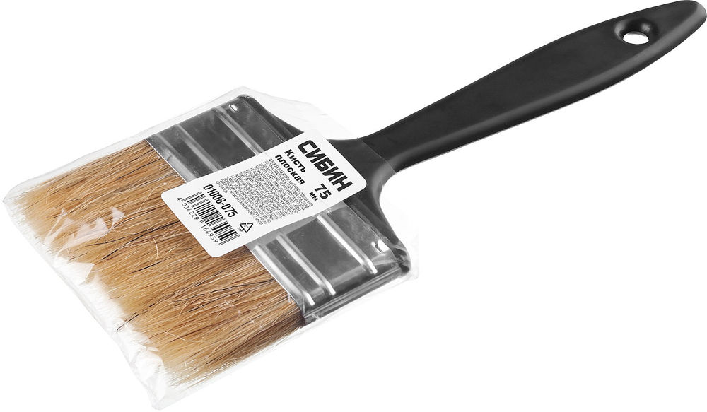 Кисть плоская 75 мм 3 светлая смешанная щетина пластиковая ручка все виды ЛКМ СИБИН 01008-075