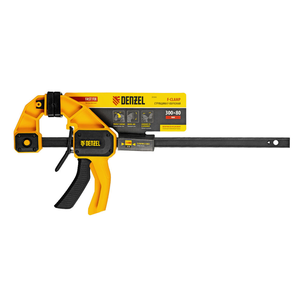 Струбцина F-образная, быстрозажимная, 300 х 80 мм, усиленный нейлоновый корпус Denzel (20506)