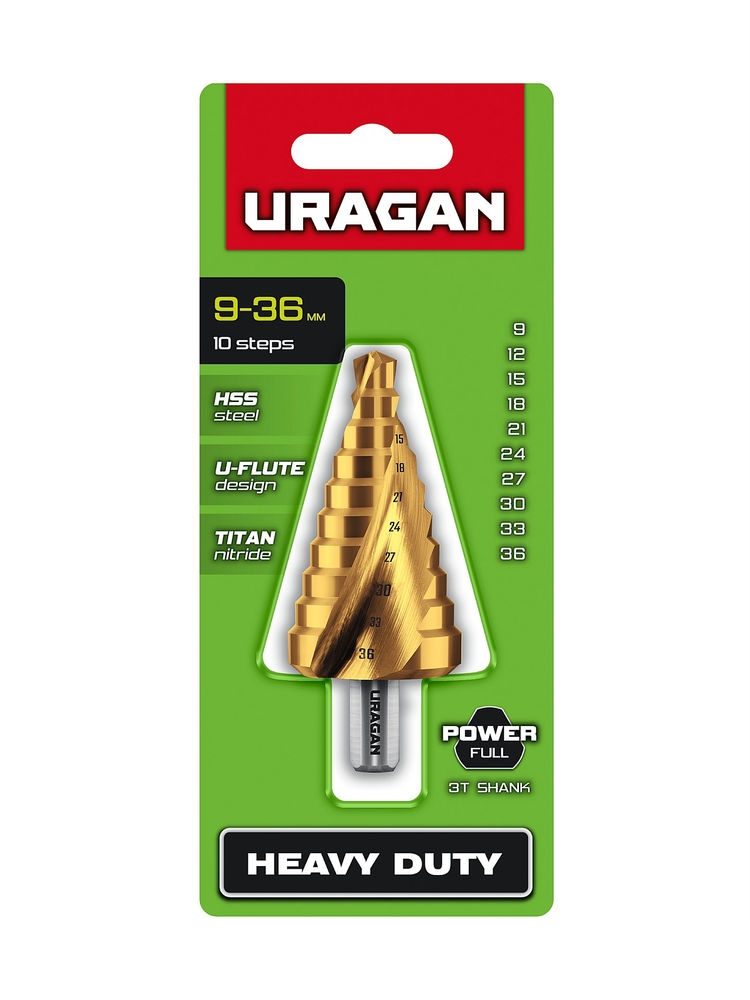 Сверло ступенчатое винтовая спираль URAGAN 9-36мм 10 ступеней 29658-9-36-10  