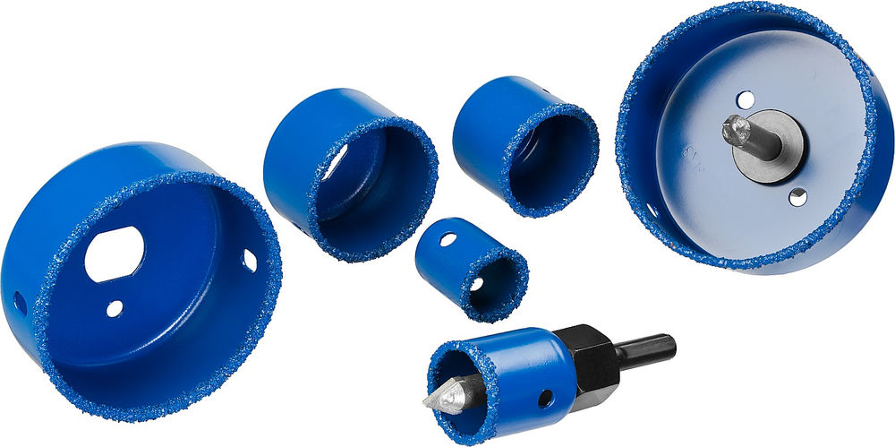 Набор коронок-чашек с оснасткой 6 шт, d 22, 28, 35, 44, 68, 73 мм, L 25 мм, карбид вольфрама ЗУБР Профессионал 33360-H6_z01