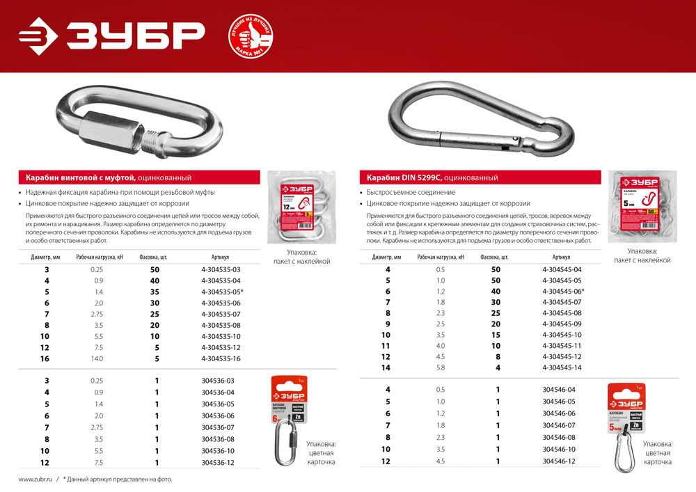 Быстросъемный карабин 4 мм, 50 шт ЗУБР DIN 5299C 4-304545-04