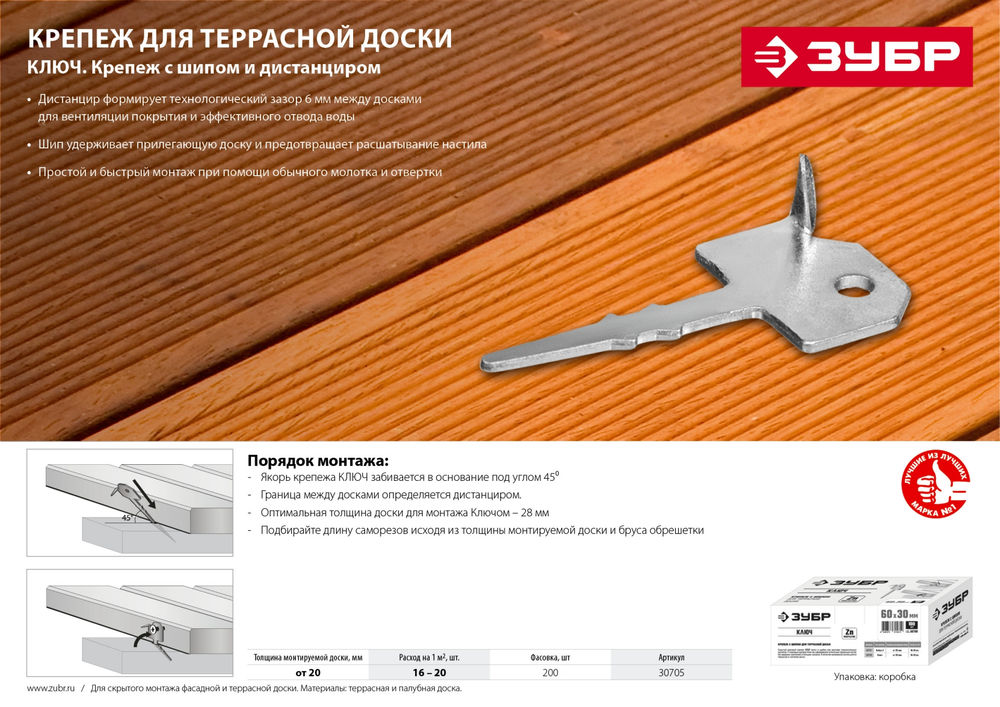 Крепёж с шипом для террасной доски Ключ 60 x 30 мм, цинк, 200 шт ЗУБР 30705