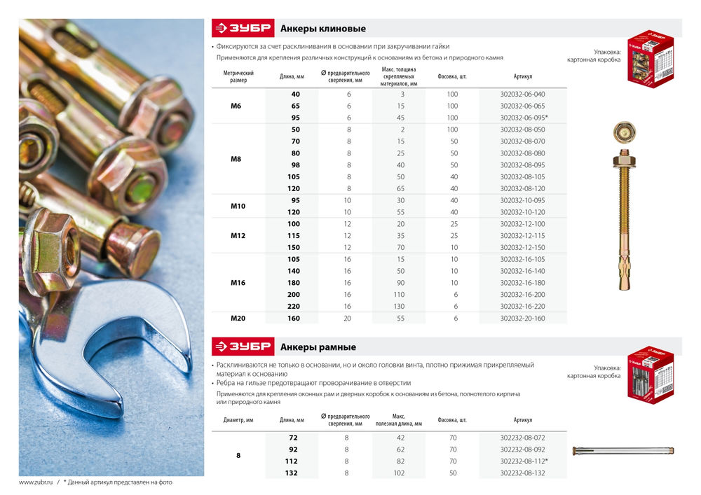 Клиновой анкер М8 х 105 мм, 40 шт ЗУБР 302032-08-105