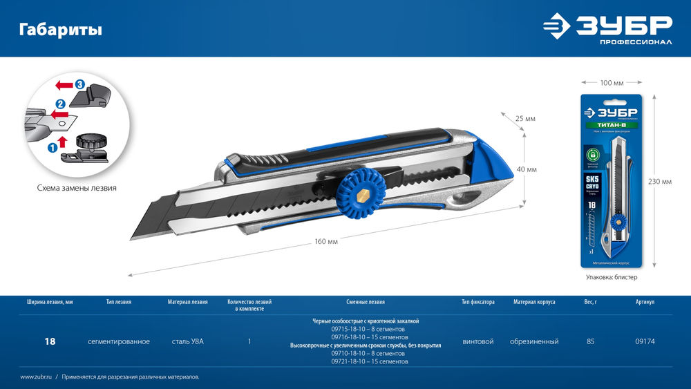 Металлический обрезиненный нож с винтовым фиксатором 18 мм Профессионал ЗУБР Титан-В 09174