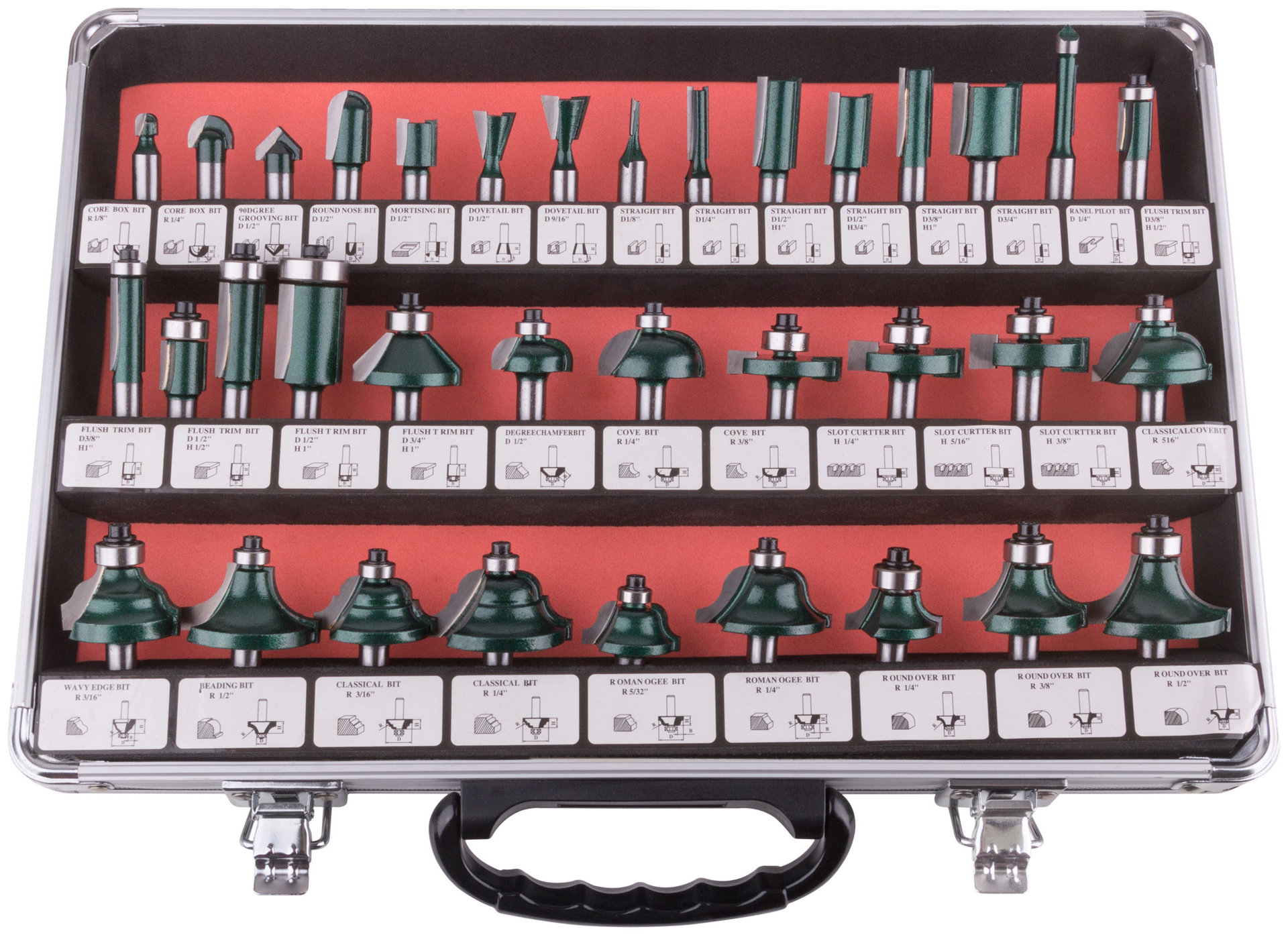 Фрезы по дереву кромочные, набор 35 шт., алюминиевый кейс, хвостовик 8 мм (36580)
