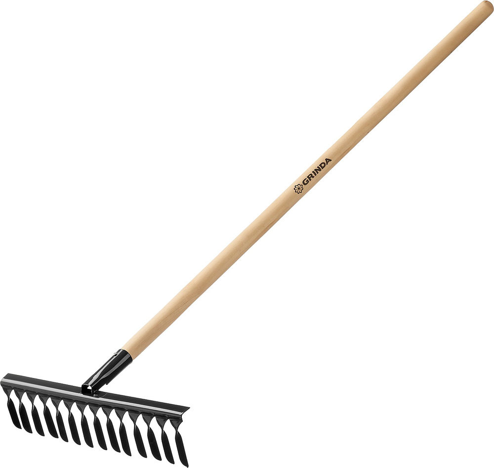 Садовые грабли GS-14 WOOD, 445 х 95 х 1300 мм, 14 витых зубцов, углеродистая сталь, антикор. покрытие, черенок дерев. высш. сорт GRINDA 39581-14