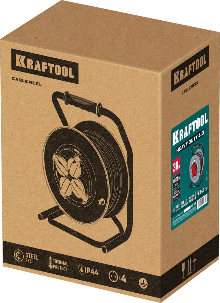 Силовой удлинитель на стальной катушке КГ 3х2.5 30м 4000Вт IP44, HEAVY DUTY KRAFTOOL 55086-30_z01