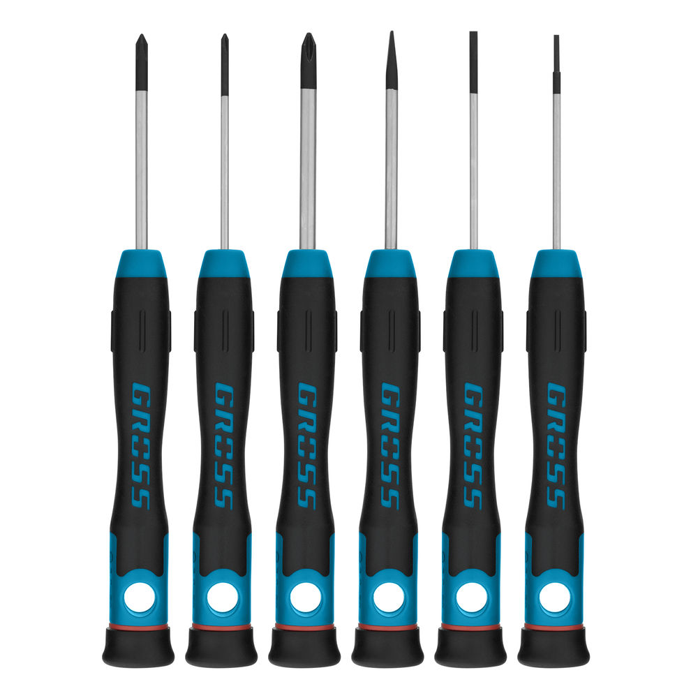 Набор отверток для точной механики, CrMo, двухкомпонентные рукоятки, 6 шт, пластиковый бокс Gross (13347)
