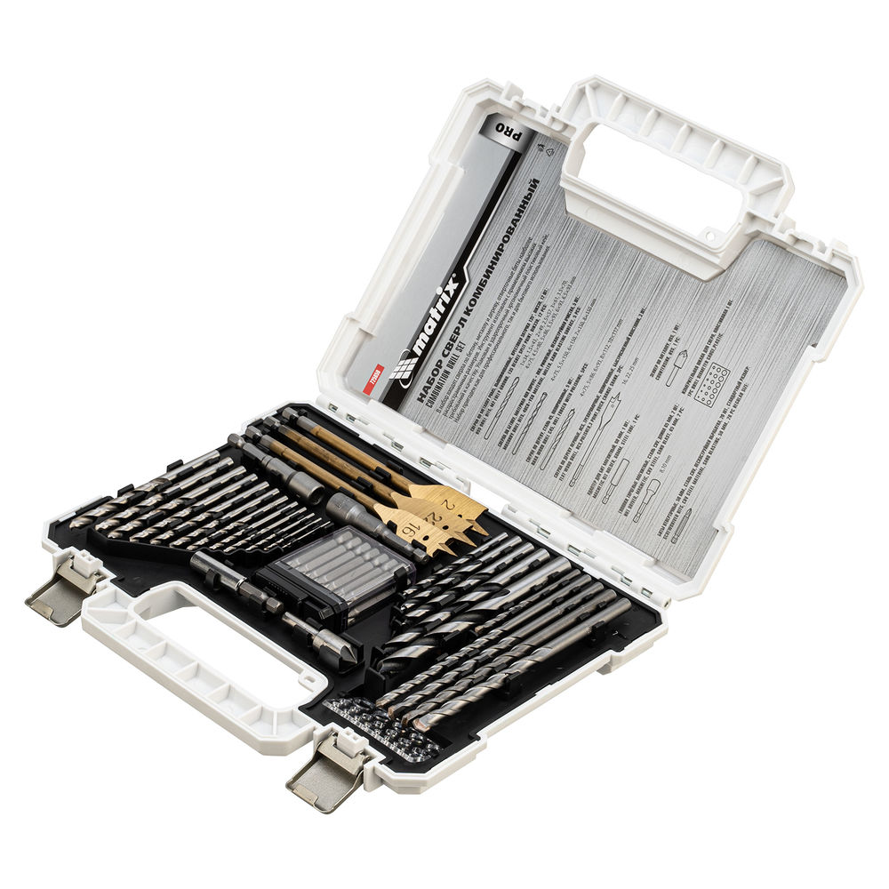 Набор сверл комбинированный, сверла по металлу 1-6.5 мм, бетону 4-8 мм, дереву 4-10 мм, перовые 16,22,25 мм, биты 20 шт, адаптер, головки 2 шт, зенковка, 50 предметов Pro Matrix (725650)