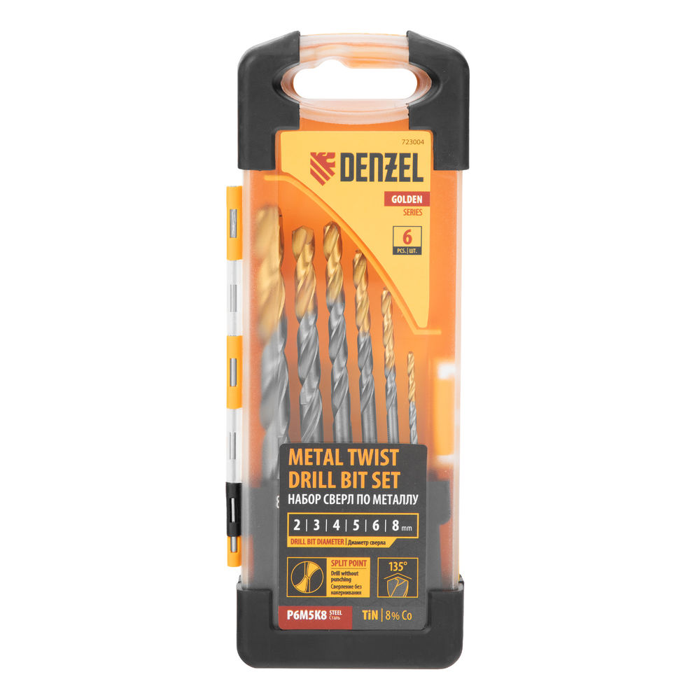 Набор сверл по металлу, 2-8мм, Р6М5К8-TiN, Golden Tip, 6 шт Denzel (723004)