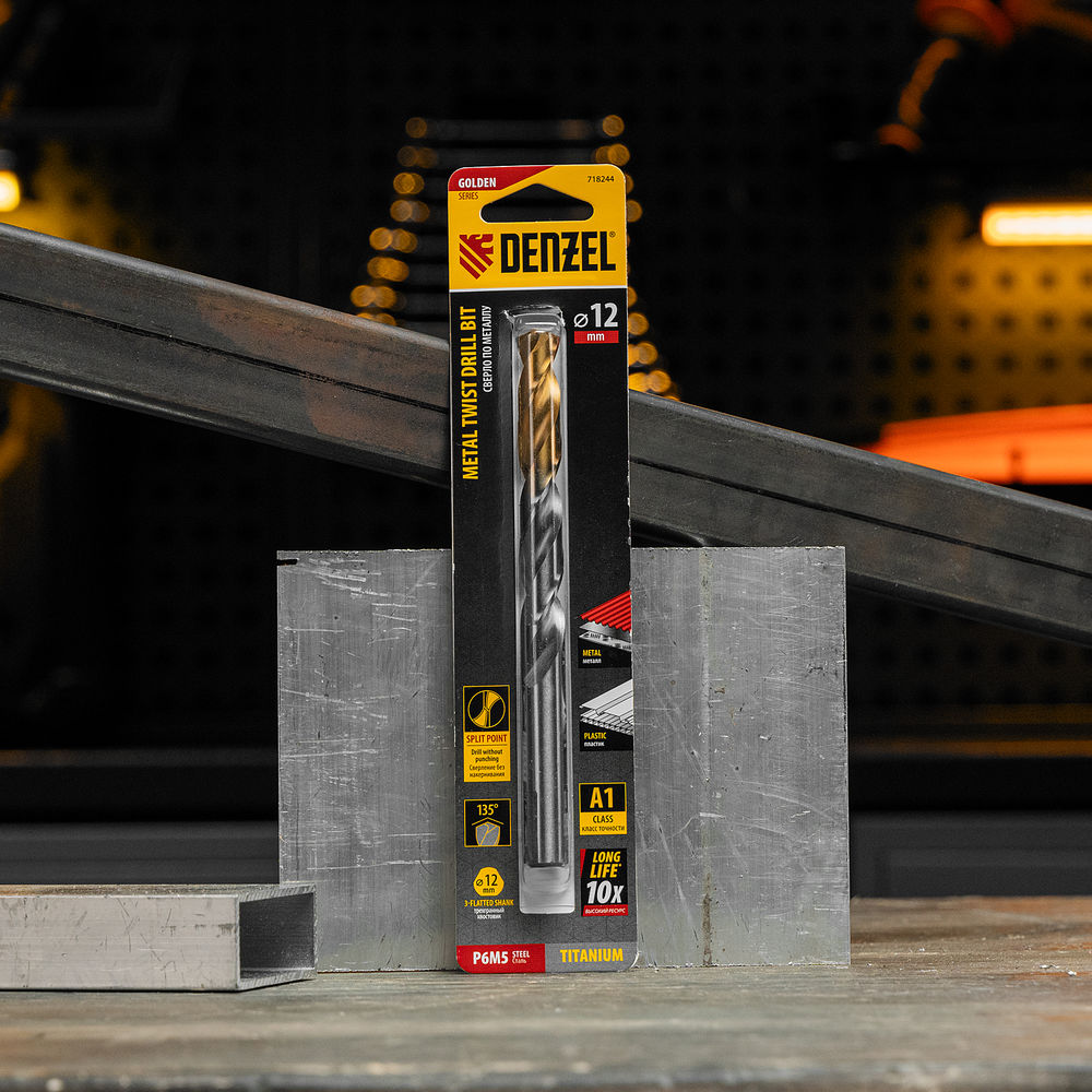 Сверло спиральное по металлу 12 x 151 мм, Р6М5, Golden Tip Denzel (718244)