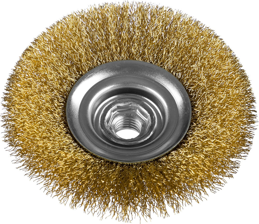 Щетка-крацовка коническая для УШМ 100 мм, витая стальная латунированная проволока 0.3 мм ЗУБР Профессионал 35267-100_z02