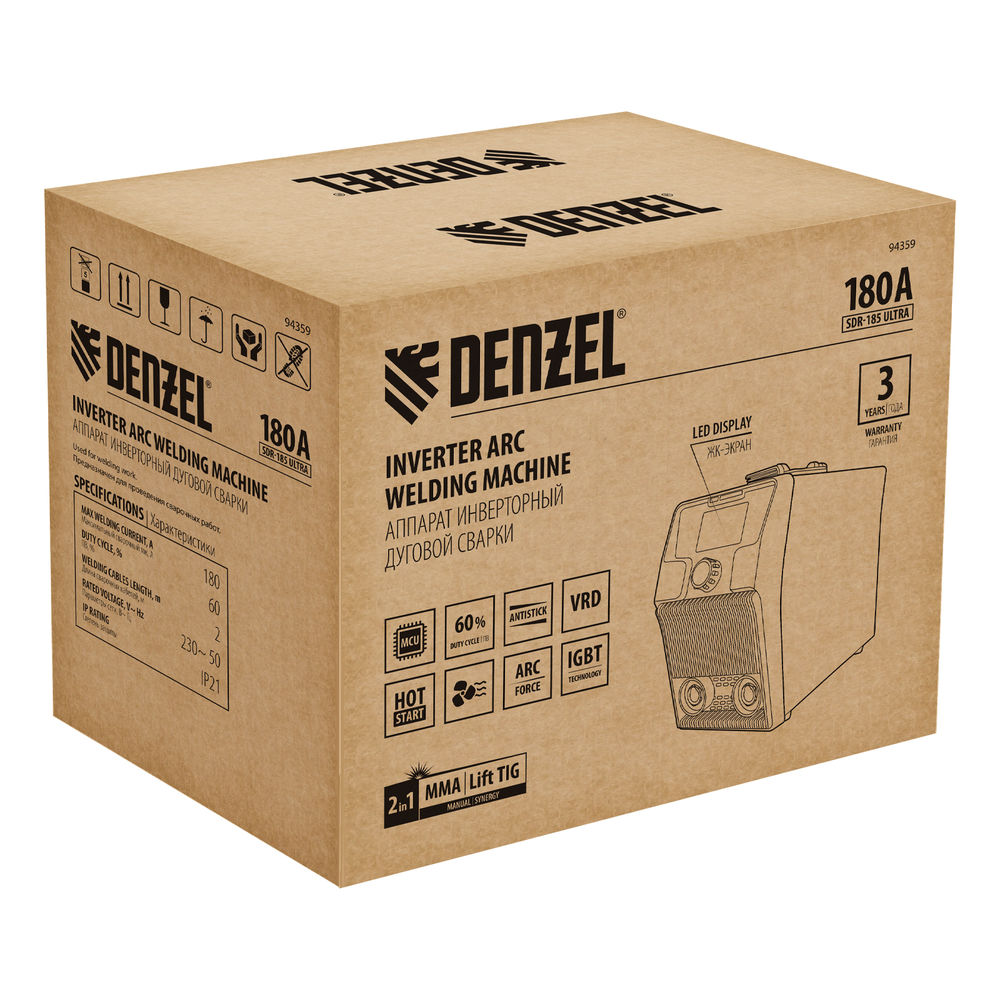 Аппарат инвертор. дуговой сварки SDR-185 Ultra, 180 А, ПВ 60% Denzel (94359)