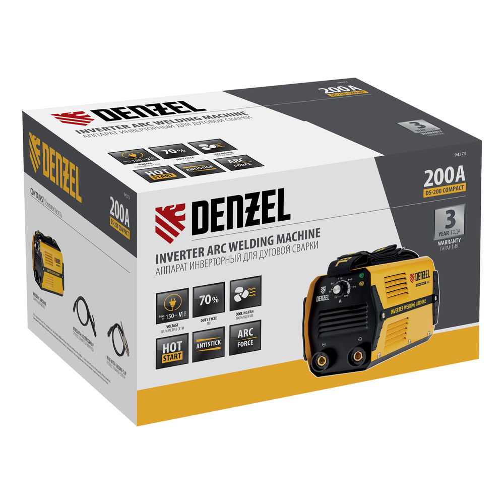Аппарат инверторный дуговой сварки DS-200 Compact, 200 А, ПВ 70%, диаметр электрода 1.6-5 мм Denzel (94373)