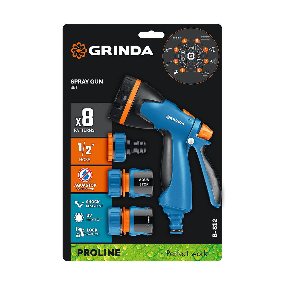 Набор поливочный B-812, пистолет поливочный B-8, коннектор 1/2, конектор 1/2 с автостопом, адаптер с внутр. резьбой 1/2 х 3/4, PROLine GRINDA 429114
