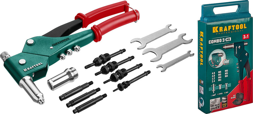 Комбинированный поворотный заклепочник Combo3-M6, 360°, 3 вида заклёпок, в кейсе KRAFTOOL 31178_z01