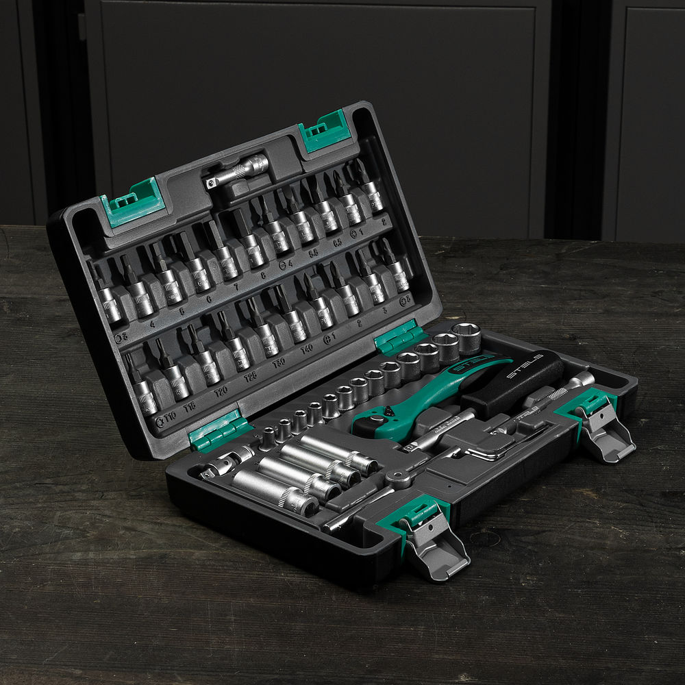 Набор инструментов, 1/4, Cr-V, S2, усиленный кейс, 47 предметов Stels