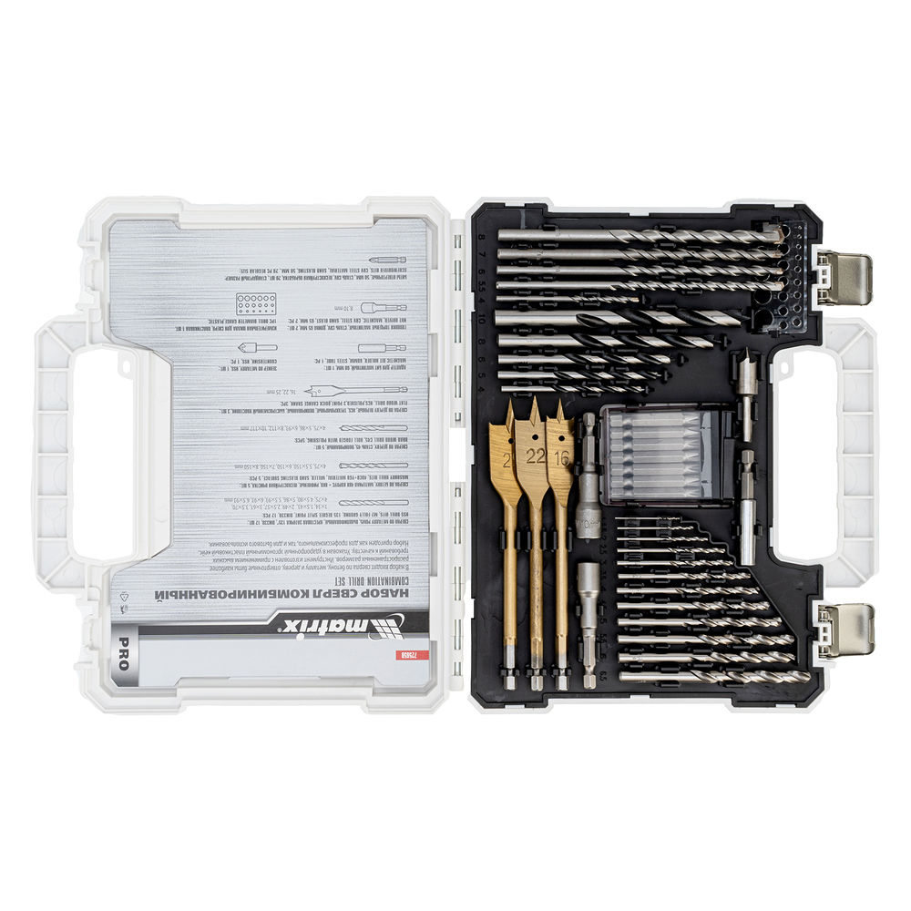 Набор сверл комбинированный, сверла по металлу 1-6.5 мм, бетону 4-8 мм, дереву 4-10 мм, перовые 16,22,25 мм, биты 20 шт, адаптер, головки 2 шт, зенковка, 50 предметов Pro Matrix (725650)