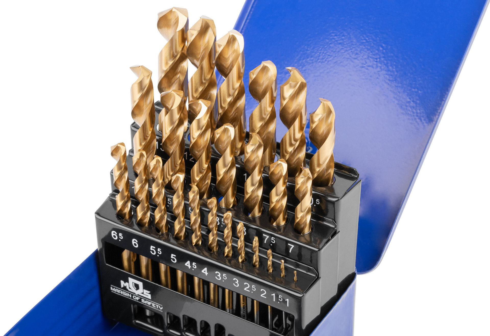 Набор сверл по металлу HSS шлифованные, титановое покрытие, угол заточки 135°, мет.бокс, 25 шт. (1-13 мм, через 0,5 мм) (35745М)