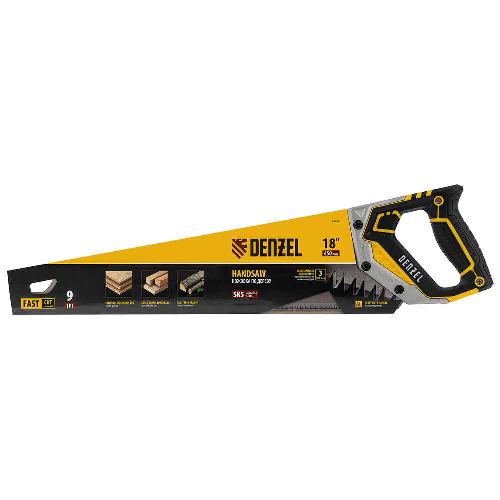 Ножовка по дереву, 450 мм, 9 TPI, зуб 3D, металлопластиковая рукоятка Denzel (24140)