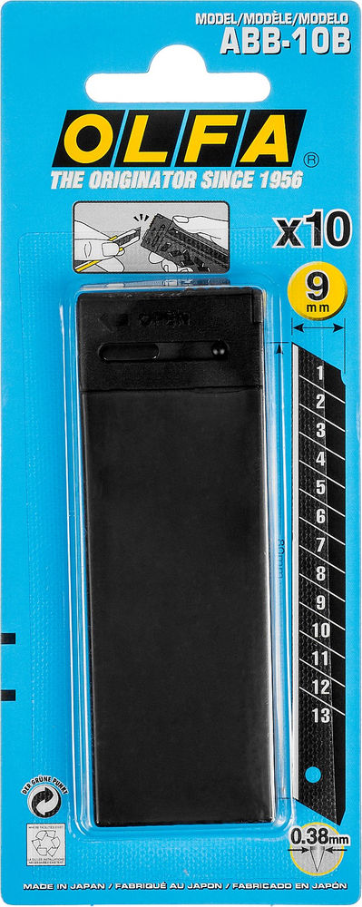 Черные сегментированные лезвия EXCEL BLACK 9 мм, 10 шт, в пластиковом кейсе + блистер, особо острые OLFA OL-ABB-10B