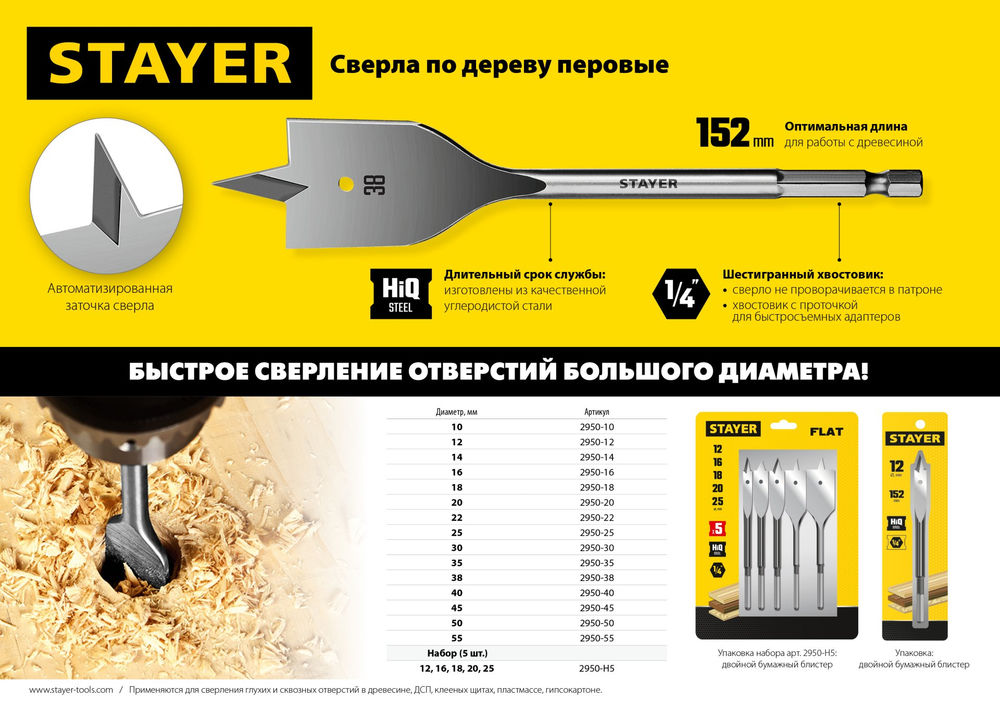 Сверло по дереву перовое 16 x 152 мм Flat STAYER 2950-16