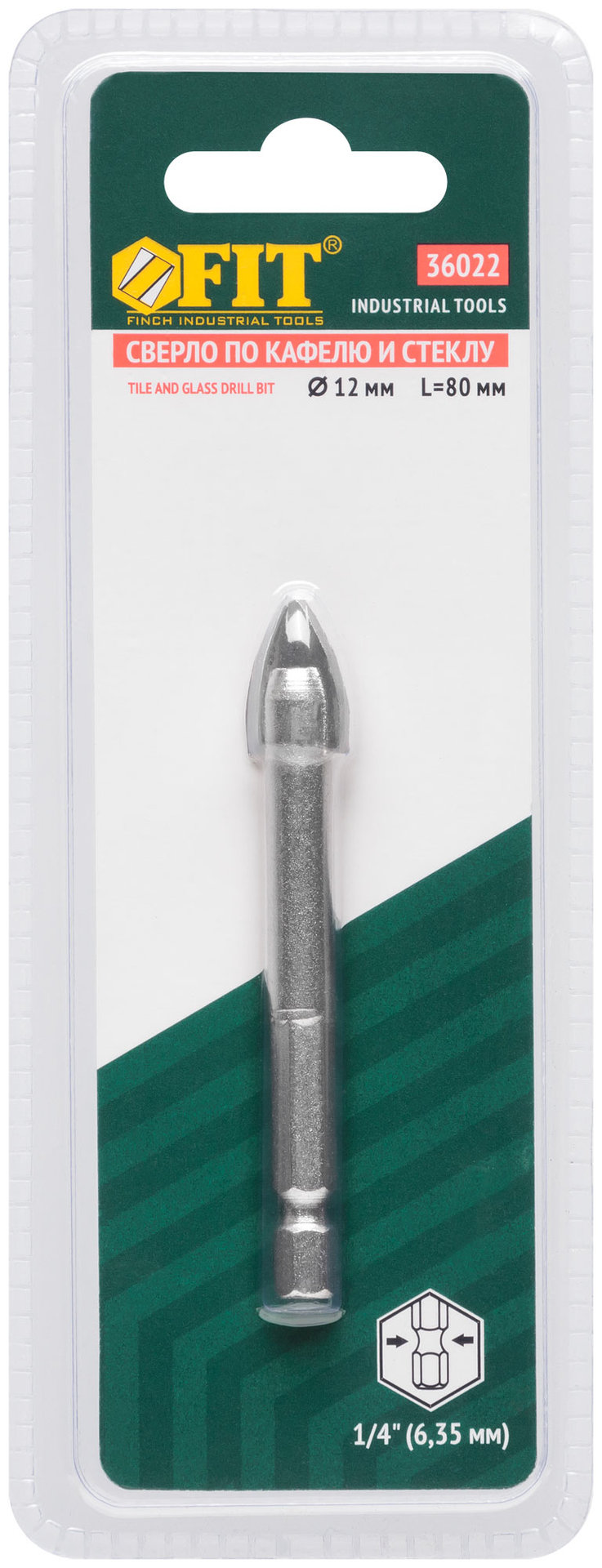 Сверло по кафелю, шестигранный U-хвостовик под биту 12 мм (36022)
