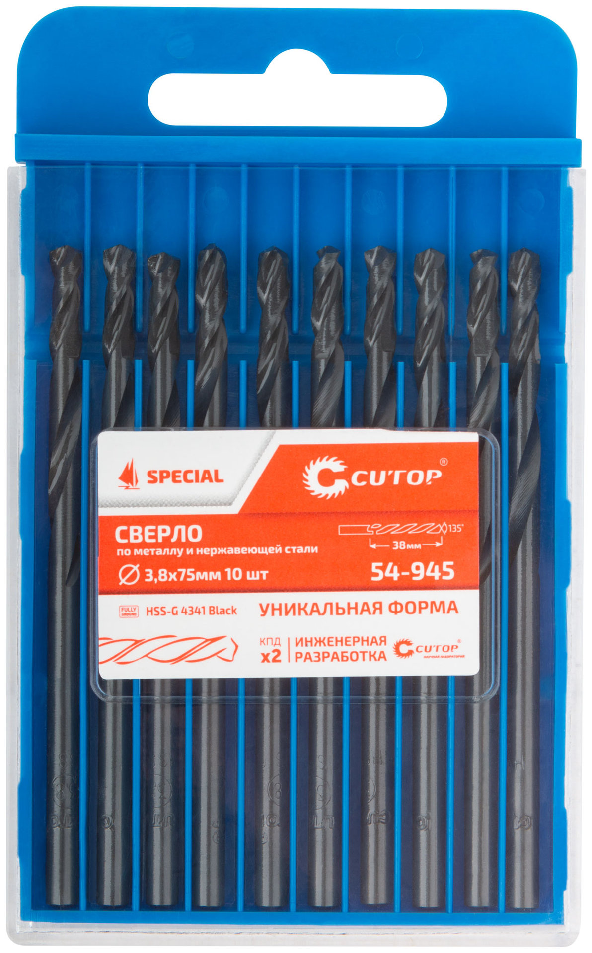 Сверло по металлу Cutop Special, HSS-G, 3,8 х 75/38 мм (10 шт) (54-945)