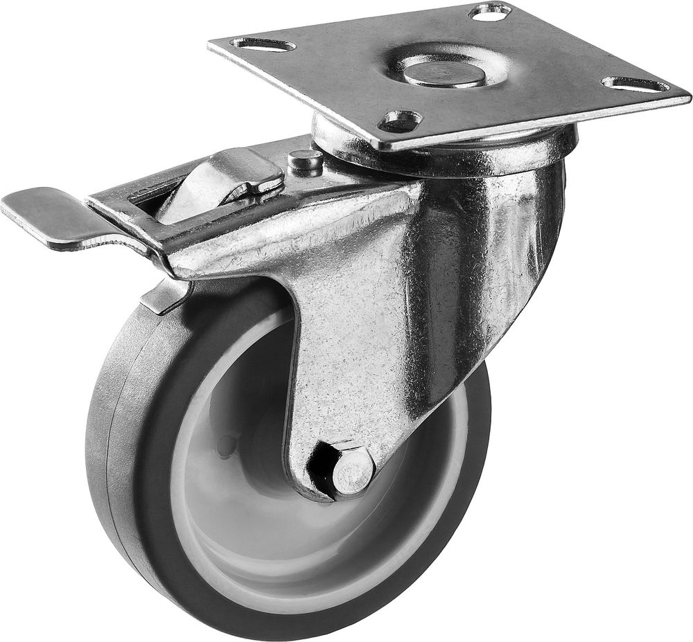 Колесо термопластичное поворотное с тормозом d 75 мм, г/п 60 кг, резина/полипропилен ЗУБР Профессионал 30946-75-B