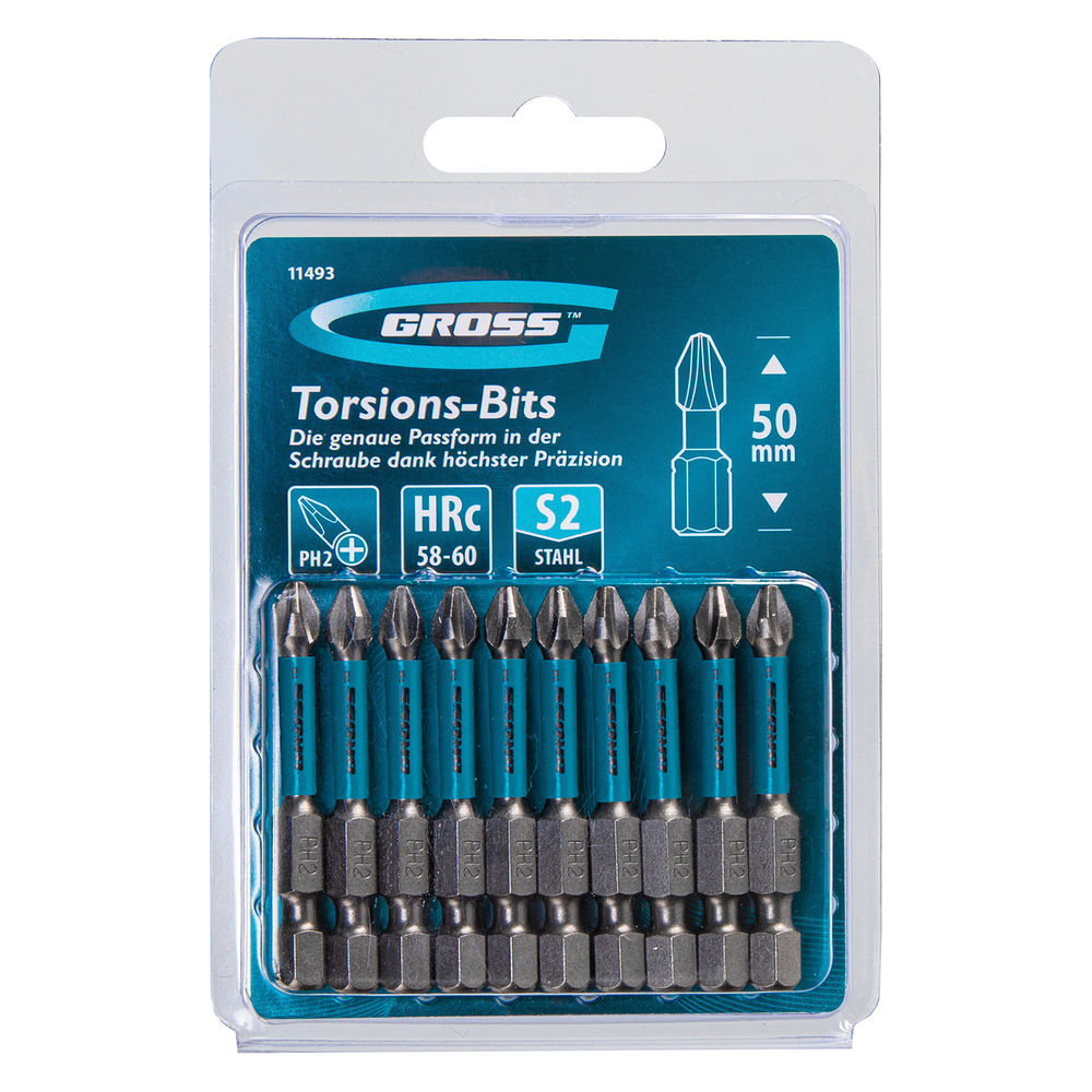 Бита торсионная PH2 x 50 мм, для ударных шуруповертов, 10 шт. Gross (11493)