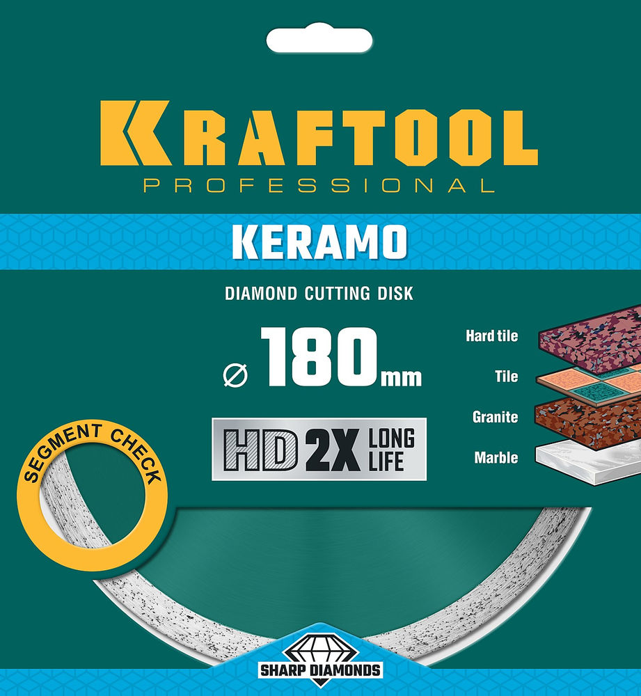 Сплошной алмазный диск KERAMO, 180 мм, (22.2 мм, 10 х 2.0 мм) KRAFTOOL 36684-180