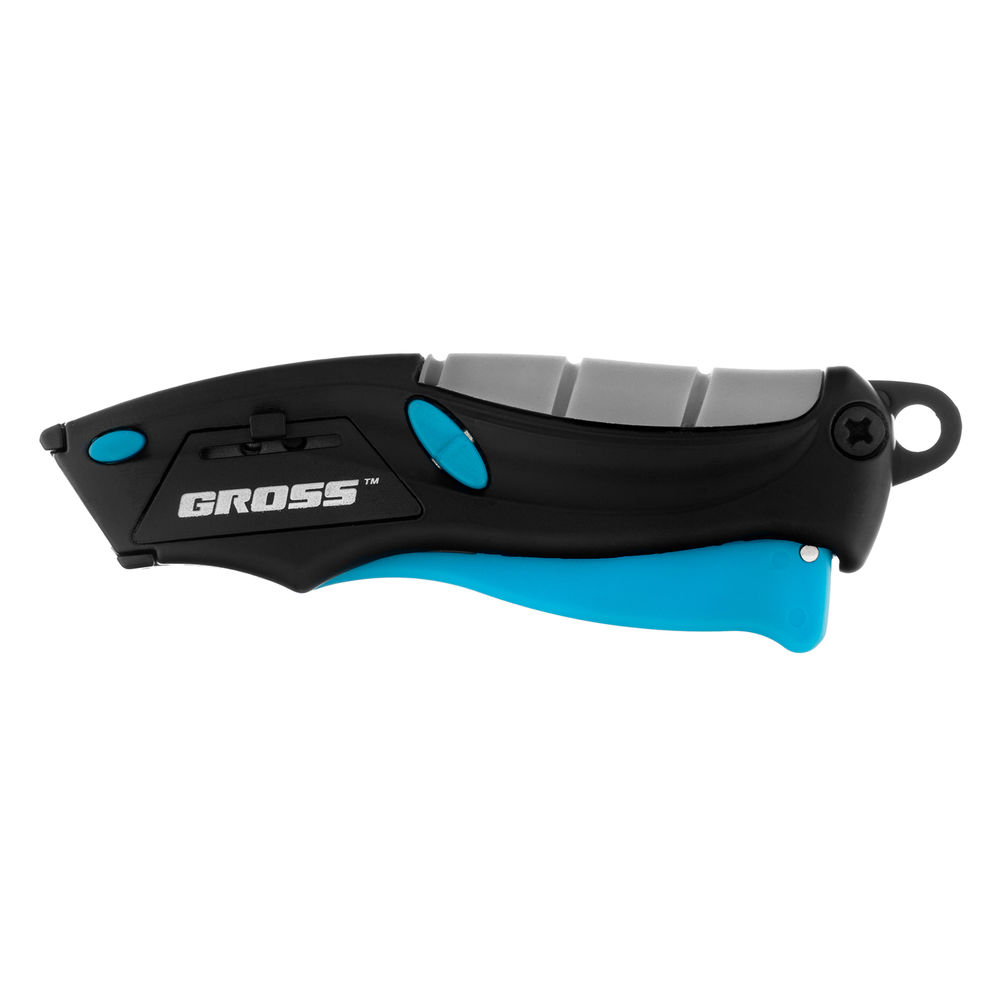 Нож ремонтно-монтажный мини, трехкомпонентная рукоятка, авто выброс, возврат лезвия, 100 мм, 2 запасных лезвия Gross (78873)