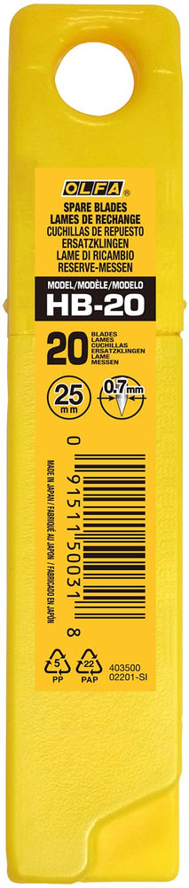 Сегментированные лезвия 25 мм, 20 шт, в пластиковом кейсе OLFA OL-HB-20