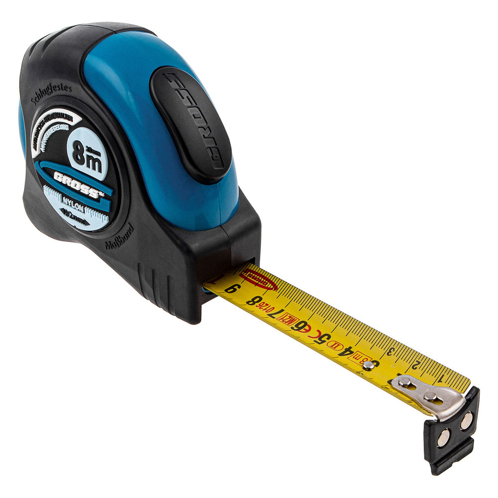 Рулетка Schlagfest,8 м x 25 мм,магнитный обрезиненный зацеп,двусторонняя шкала,Нейлоновое покрытие,автоматическая фиксация Gross