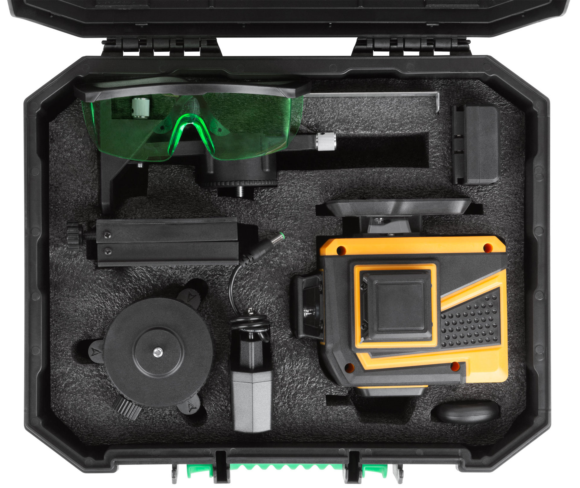 Уровень лазерный самоуспокаивающийся, зеленые лучи, 3 плоскости 360 гр., диапазон 20 м, Li-Ion аккум., 2 уровня яркости, без треноги, платформа для по (18668)